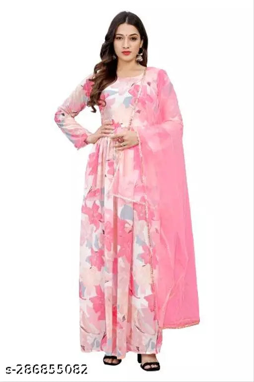 QVAZOR Stylish Fancy Trendy Printed Georgette Gown For Women For Party Wedding Festival Functions