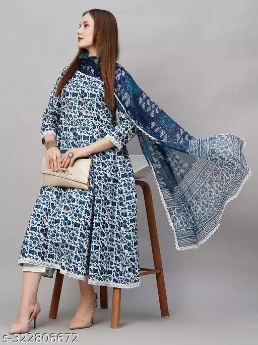 Anni Designer Women's Blue Printed Anarkali Kurta with Trouser & Dupatta