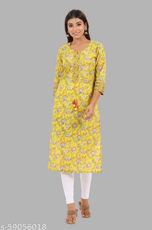 Swasti Women Printed Pure Cotton Straight Kurta (Yellow)
