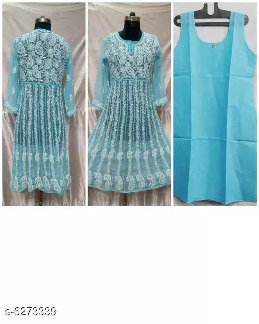 Handwork Embroidered Chikankari Chiffon Anarkali kurti With Inner.