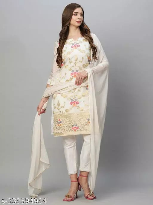 Anni Designer Women's White Cotton Blend Straight Printed Kurta With Trousers & Dupatta