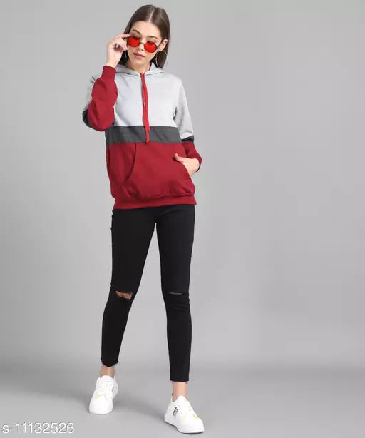 Vivient Women Grey Dark Grey Maroon Colour block Hood Sweatshirt