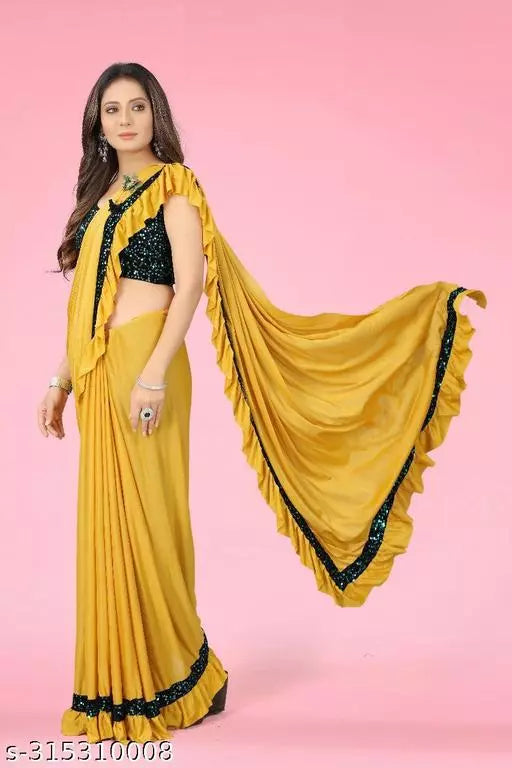 Ready To Wear Lycra Freel Fancy Party Wear Sarees Yellow Colour Sarees with sequance blouse BY Kraddle