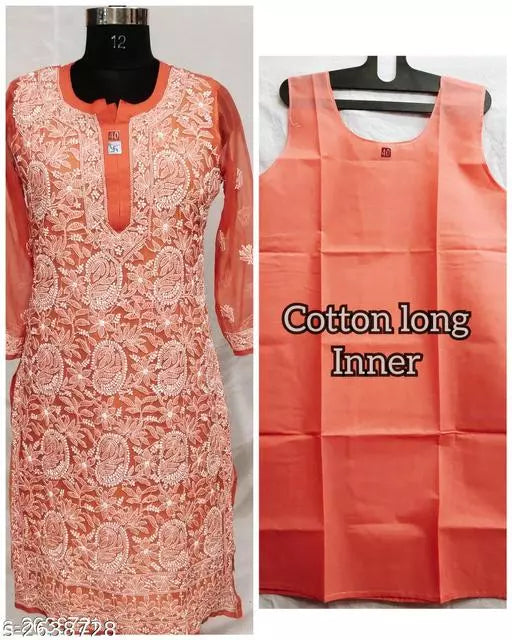 Women's Chikankari Hand Embroidered Chiffon Long Front jall kurti With inner.