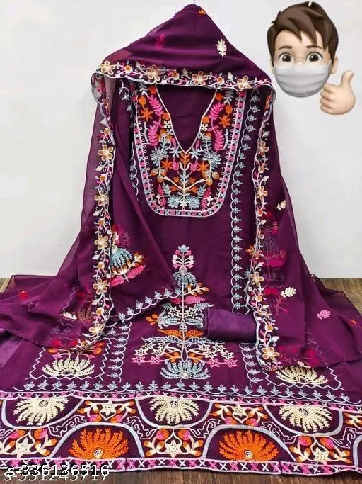 TRENDY PRUPLE DRESS MATERIAL FOR WOMEN IN GEORGETTE FABRIC WITH EMBROIDERY WORK ON IT AND DUPPATA