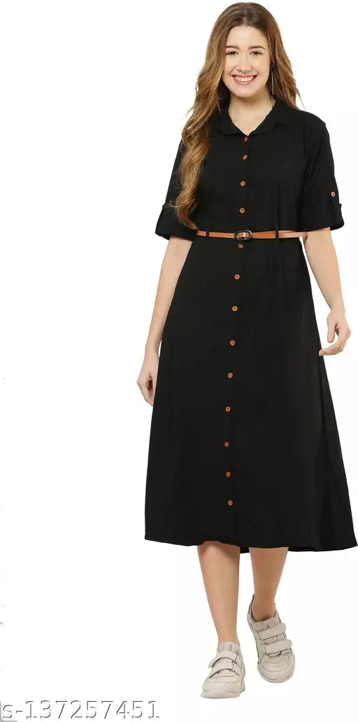 I.T FASHION Solid Women Collared Neck Black T-Shirt () Dresses