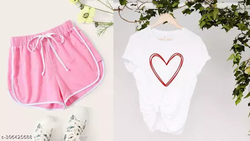 Vivient Women Pink Shorts and White Heart Printed T-Shirt Combo