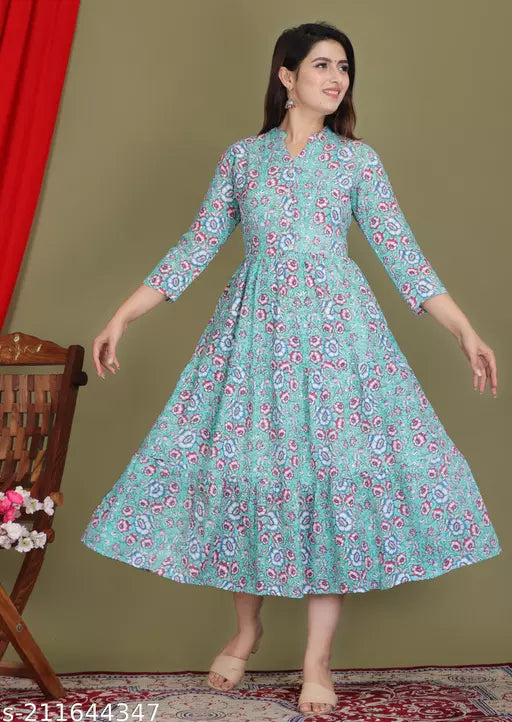 Shree Ganesh fashion's Cotton Anarkali Printed Rama Green Kurti for women