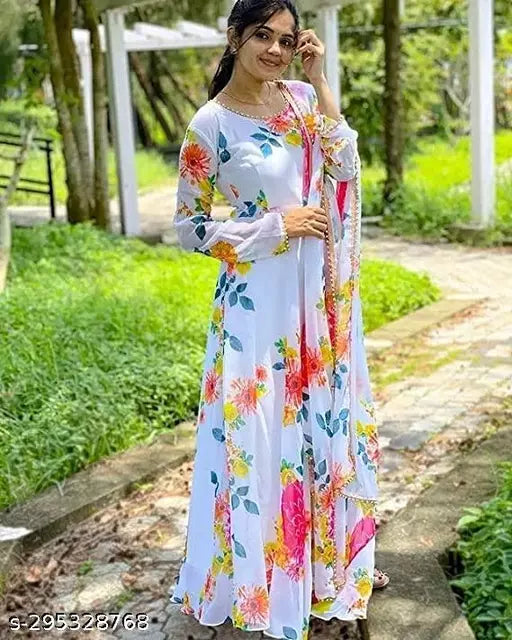 QVAZOR Stylish Fancy Trendy Printed Georgette Gown For Women For Party Wedding Festival Functions