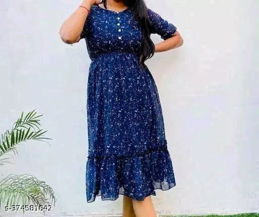 Simran Collections Womens & Girls A-Line Dress Casual Wear & Short Sleeve Dress Fabric Cotton In Color Blue