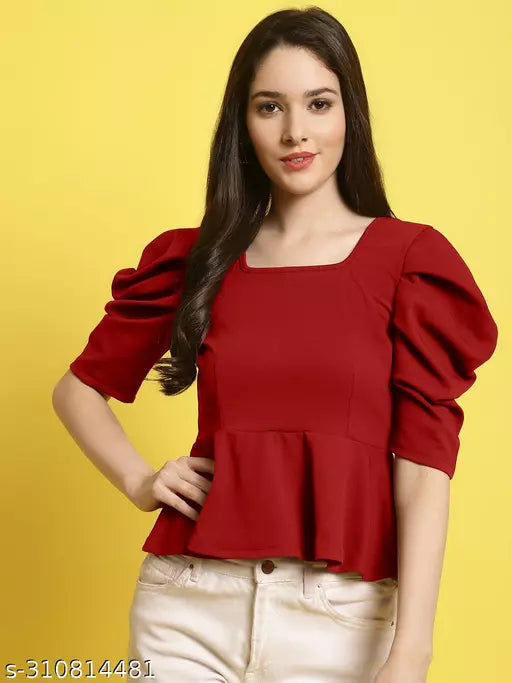 Women Square Neck Puff Sleeves Peplum Top (Women Top | Women Tops | Top)