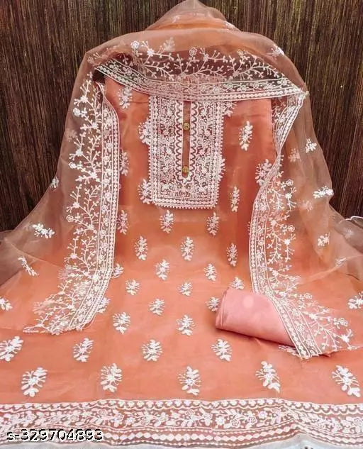 Jivika Graceful Salwar Suits & Dress Materials Exclusive Fancy Women's Designer Chainstich Embroidered Multiwork Double Sequence Peach Floral Embroidered Organza Suits & Dress Materials
