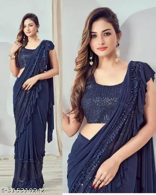 Ready To Wear Lycra Freel Style Fancy Party Wear Sarees Nevy Blue Colour Sarees with sequance blouse BY Kraddle