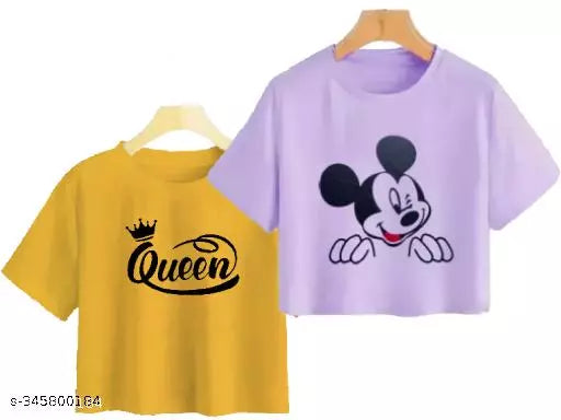 Trendy Feminine Printed Crop Tshirt Round Neck Top For Womens