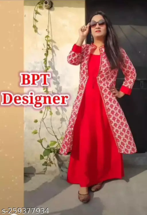 Long Red Rayon Dress With Long Cotton Shruge For Girls Womens