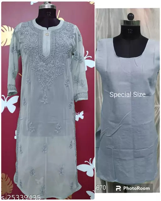 Handwork Embroidered Chikankari Chiffon Galabooti Long kurti with Camisole innr