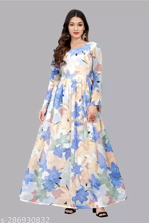 QVAZOR Stylish Fancy Trendy Printed Georgette Gown For Women For Party Wedding Festival Functions