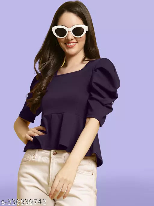 Women Square Neck Puff Sleeves Peplum Top (Women Top | Women Tops | Top)