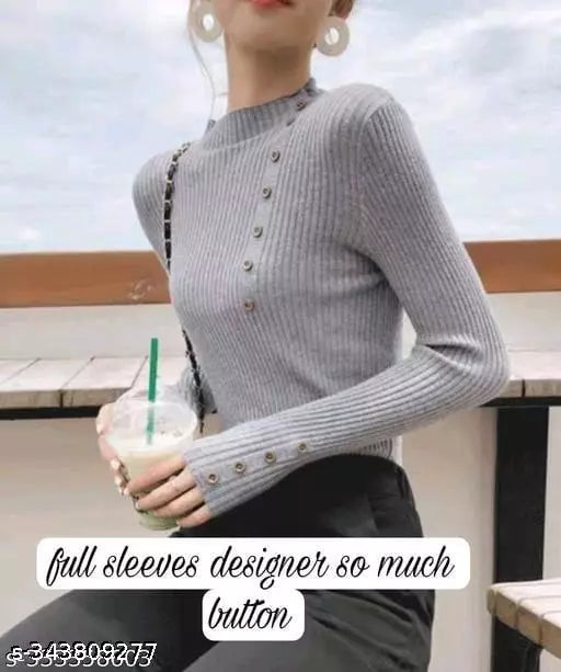 Jkp Collection India Women's & Girl's Casual Top For Ribbed Pattern Mandarin Neck Full Sleeve Regular Fit Top In Color Grey