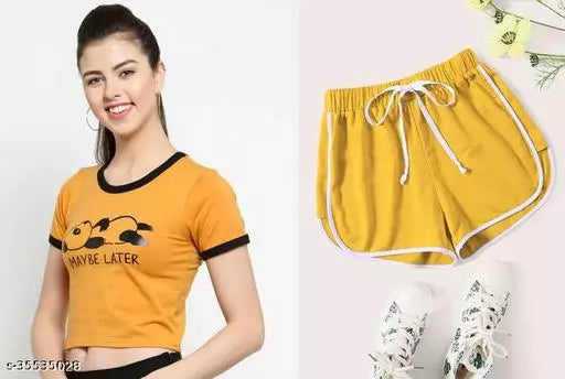 Vivient Women Mustard Maybe Later Printed Top with Mustard Shorts Combo
