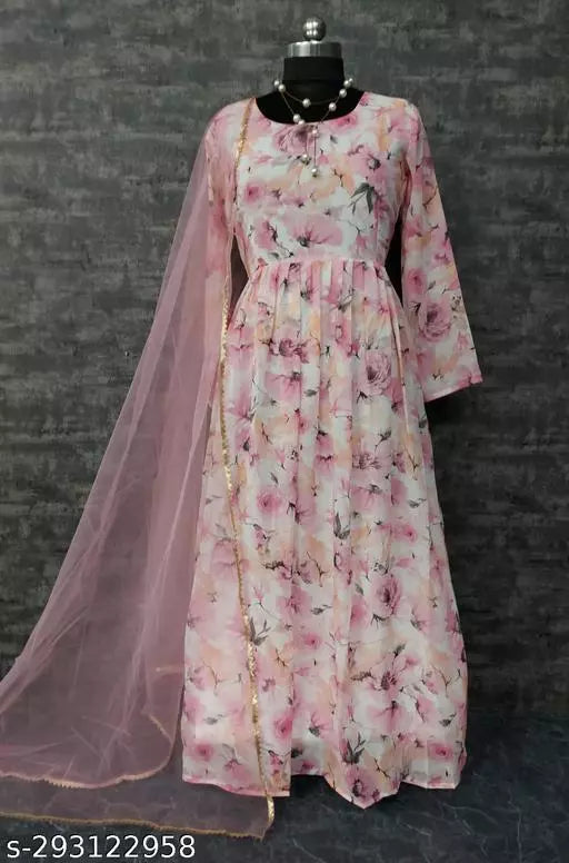 QVAZOR Stylish Fancy Trendy Printed Georgette Gown For Women For Party Wedding Festival Functions