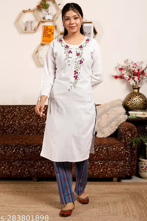 SD TEXTILES KURTI PANT SET/EMBROIDERY KURTI SET /KURTI PANT /TROUSER/COTTON KURTI SET/KURTIS/ KURTIS FOR GIRLS AND WOMEN/ WHITE KURTIS