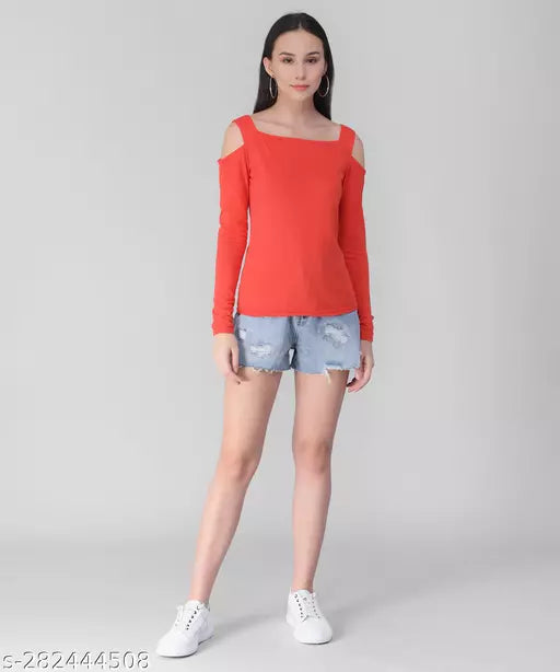 Vivient Women Red Shoulder Strap Cold Shoulder Sleeves T-Shirt