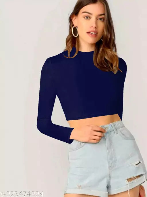 Casual Polyester Blend Round Neck Long Sleeves Crop Top