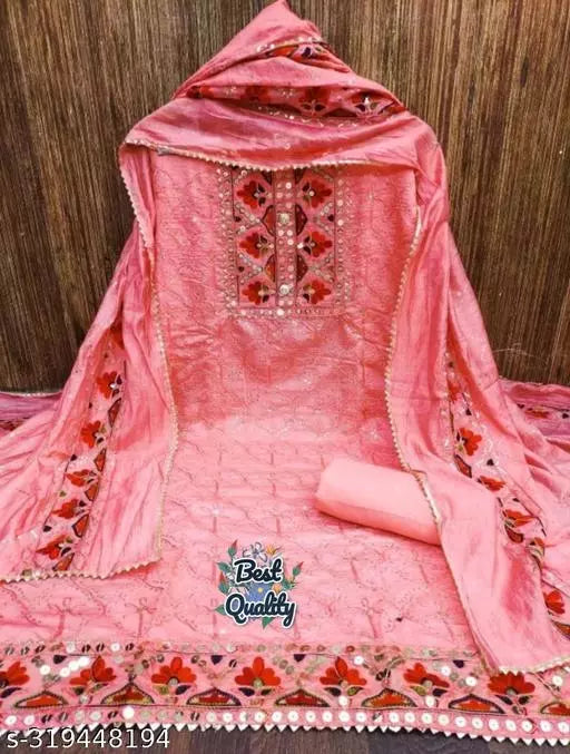Unstiched Party Wear Chanderi Cotton Mirror Work Peach Colour Salwar Suits & Dress Materials
