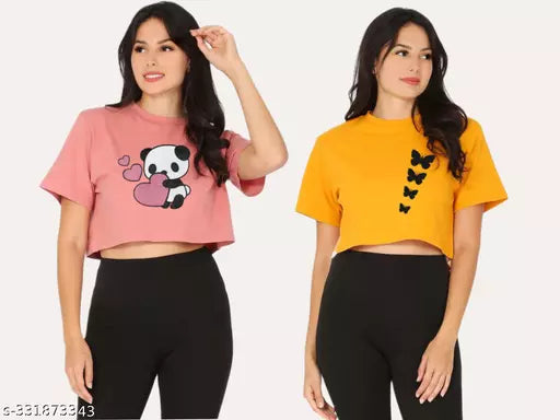 Trendy Feminine Printed Crop Tshirt Round Neck Top For Womens(Pack Of 2)