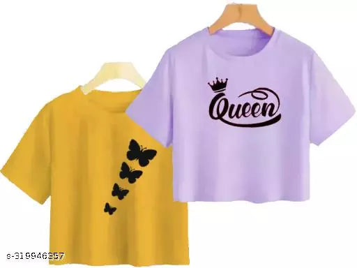 Trendy Feminine Printed Crop Tshirt Round Neck Top For Womens (Combo2)