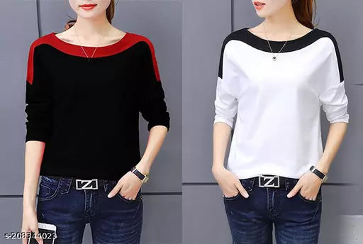 Vivient Women Black and White Shoulder Tshirt Combo