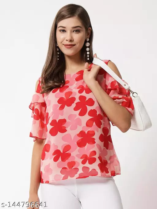 Vivient Woman Pink Floral Printed off Shoulder Top