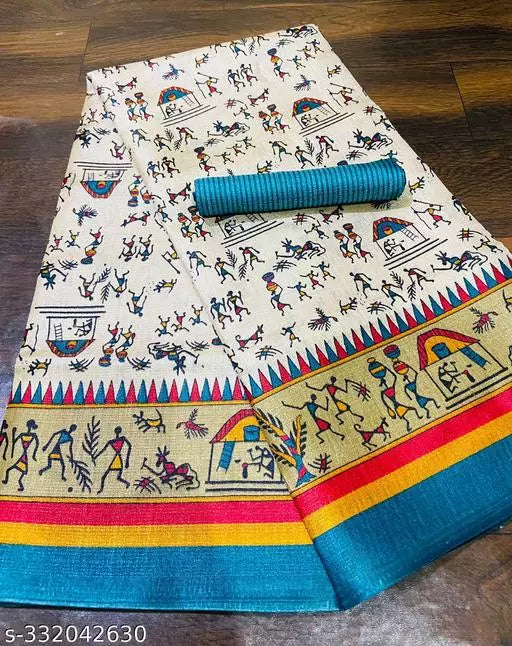 WARLI PRINTED KHADI SILK BLENDED LIGHT WEIGHT COMFERTABLE WEAR DESIGNER SAREE WITH BLOUSE