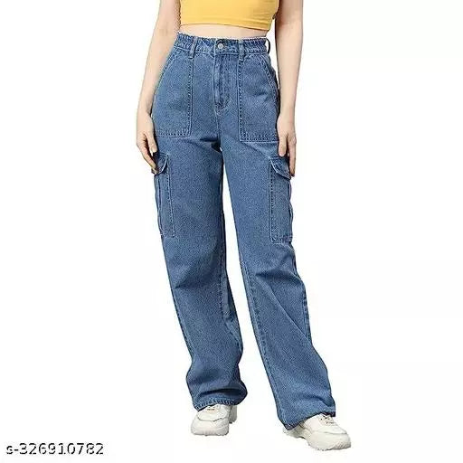 WOMEN LATEST CARGO TROUSERS | SOLID HIGH-RISE CARGO JEANS | 6 POCKET WIDE LEG DENIMS | 80'S ROCKER-CHIC INSPIRED CARGO PANTS | SIT ABOVE | NON-STRETCH FIT WITH A WIDE LEG | SPORTY LOOK LOOSE FIT DENIMS