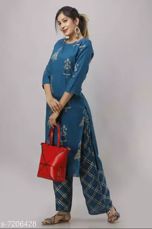 Women Rayon A-line Printed Long Kurti With Palazzos