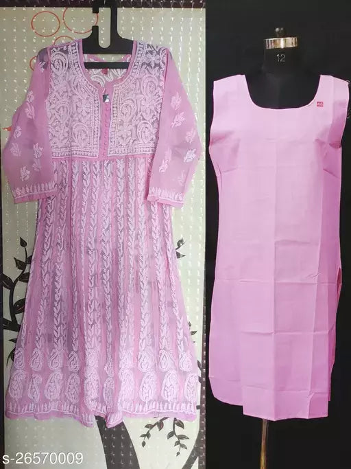 Handwork Embroidered Chikankari Chiffon Anarkali Kurti with Camisole Inner
