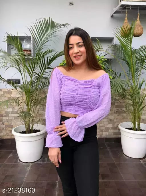 Trendy Bell Sleeves Broad Neck High Low Purple Crop Top For Women