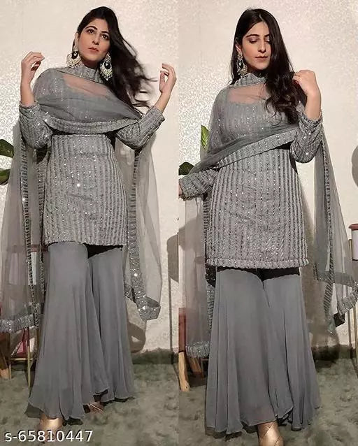 Women's Grey Embellished Georgette Suits & Dress Materials