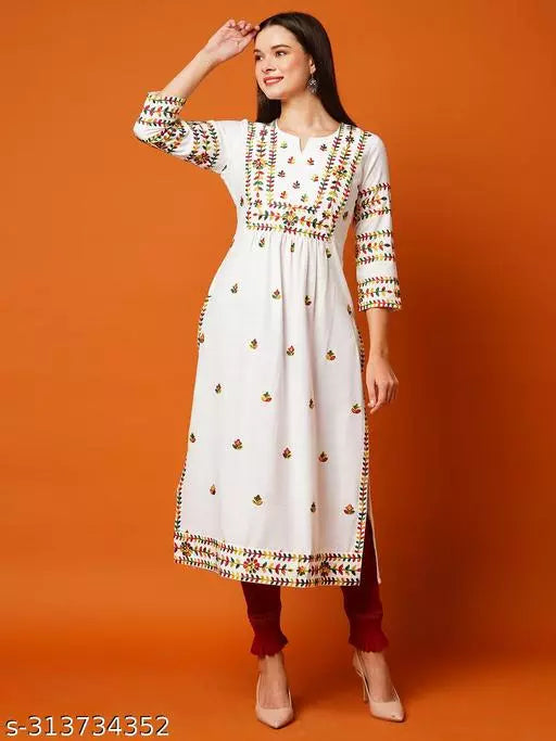 Anni Designer Women's White Straight Floral Embroidered Printed Kurti