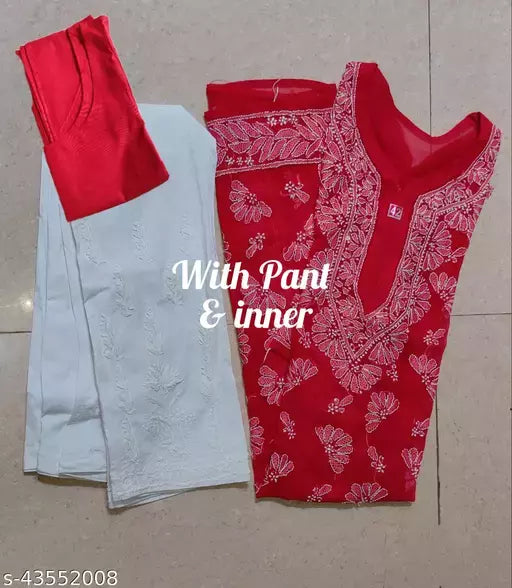 Handwork Chikankari Butterfly Chiffon kurti set+pant+inner Red.