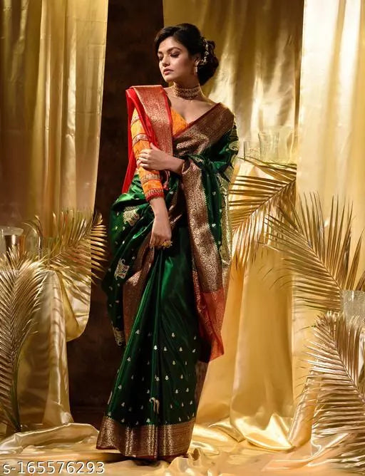 Banarasi Satin Silk Embroidery Saree With Heavy Pallu