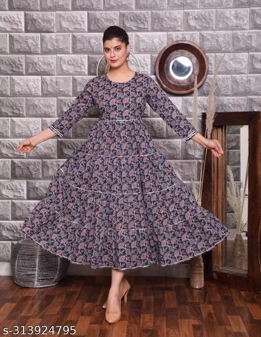Affo Women Printed Cotton Anarkali Kurta (Multicolored)