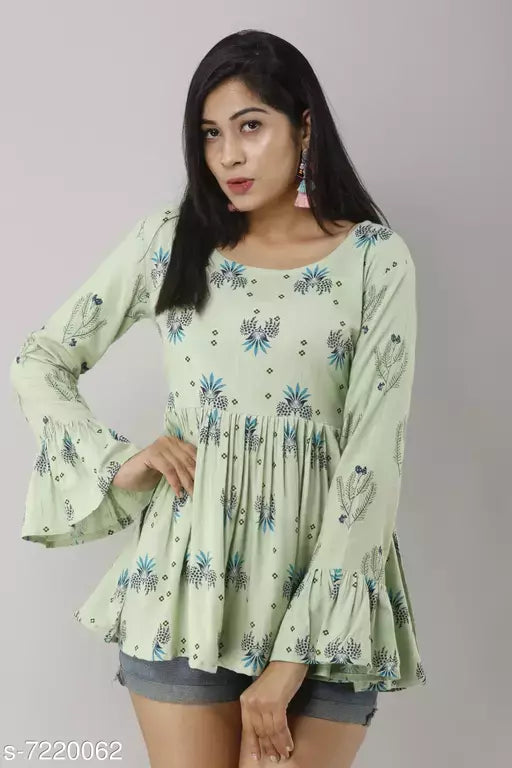 Women's Printed Green Rayon Top