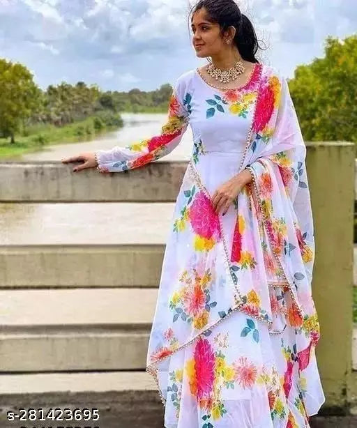 women printed long gown with dupatta