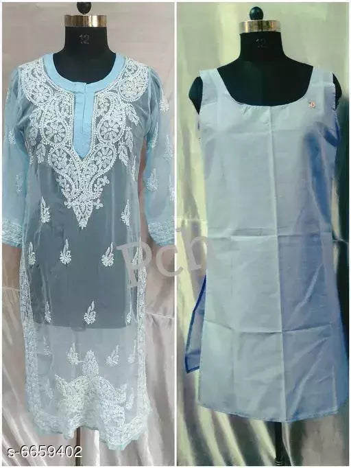 Women s Chikankari Hand Embroidered Chiffon Long kurti With Inner.