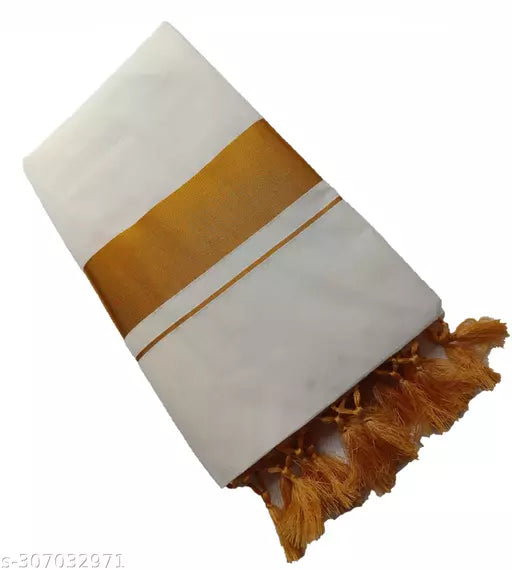 WITH TASSELS / KUNJUM / LATKAN REAL HAND WOOVEN KERALA KASAVUE PURE COTTON COLOR CREAM / BEIGE WITH GOLD COLOR ZARI 2 BY 3 SAREE WITH UNSTICHED BLOUSE
