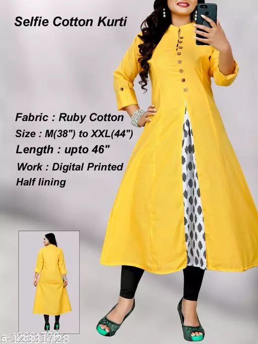 Women Cotton Blend High- Slit Printed Yellow Kurti