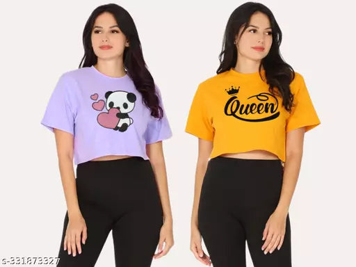 Trendy Feminine Printed Crop Tshirt Round Neck Top For Womens(Pack Of 2)