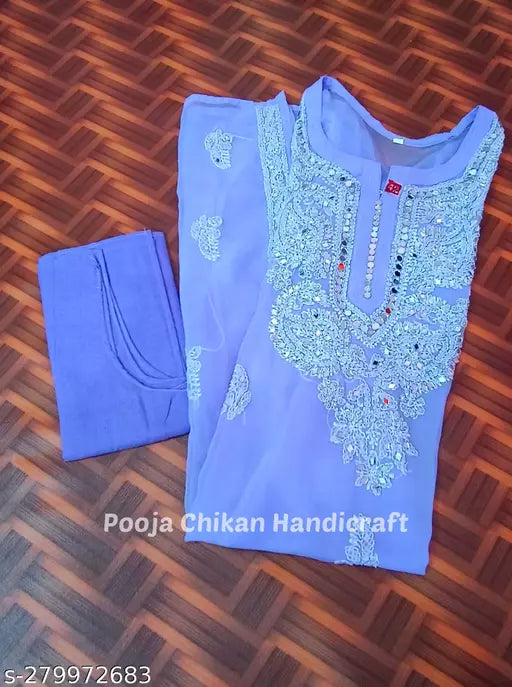 Women s Chikankari Hand Embroidered Mirror work Chiffon Long kurti With cotton inner.